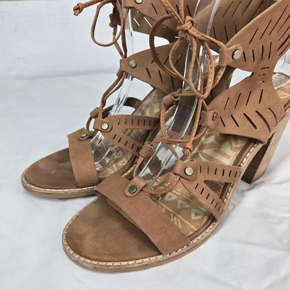 Dolce Vita Luci Ghillie Sandals Brown Tan Leather Lace Up Block Heel Size 8